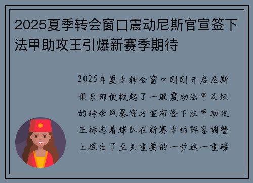 2025夏季转会窗口震动尼斯官宣签下法甲助攻王引爆新赛季期待