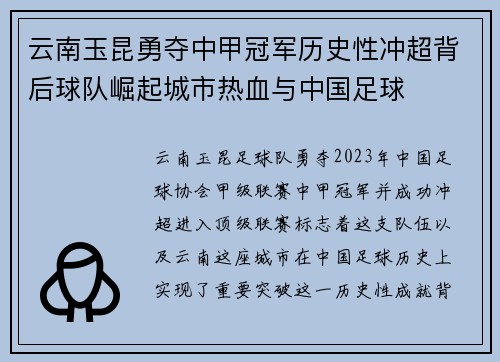 云南玉昆勇夺中甲冠军历史性冲超背后球队崛起城市热血与中国足球 云南玉昆勇夺中甲冠军历史性冲超背后球队崛起城市热血与中国足球