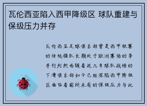瓦伦西亚陷入西甲降级区 球队重建与保级压力并存